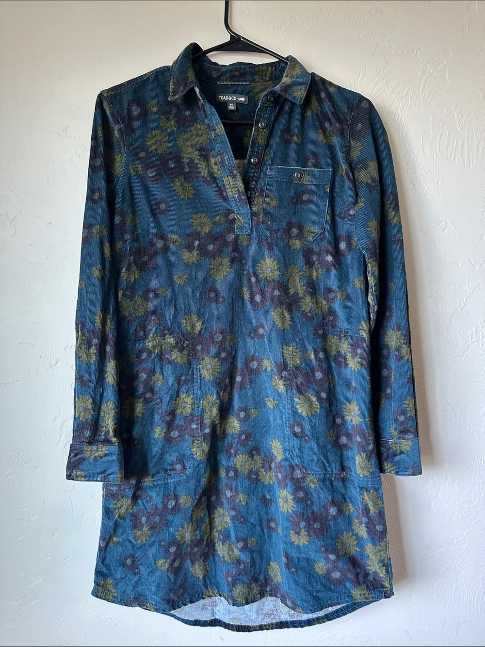 Toad&Co Corduroy Teal Blue Floral Long-Sleeve Tunic Dress
